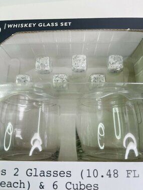 Whiskey Glass Gift Set New 2 Lowball Glasses 6 Stone "Ice" Cubes Original Sealed